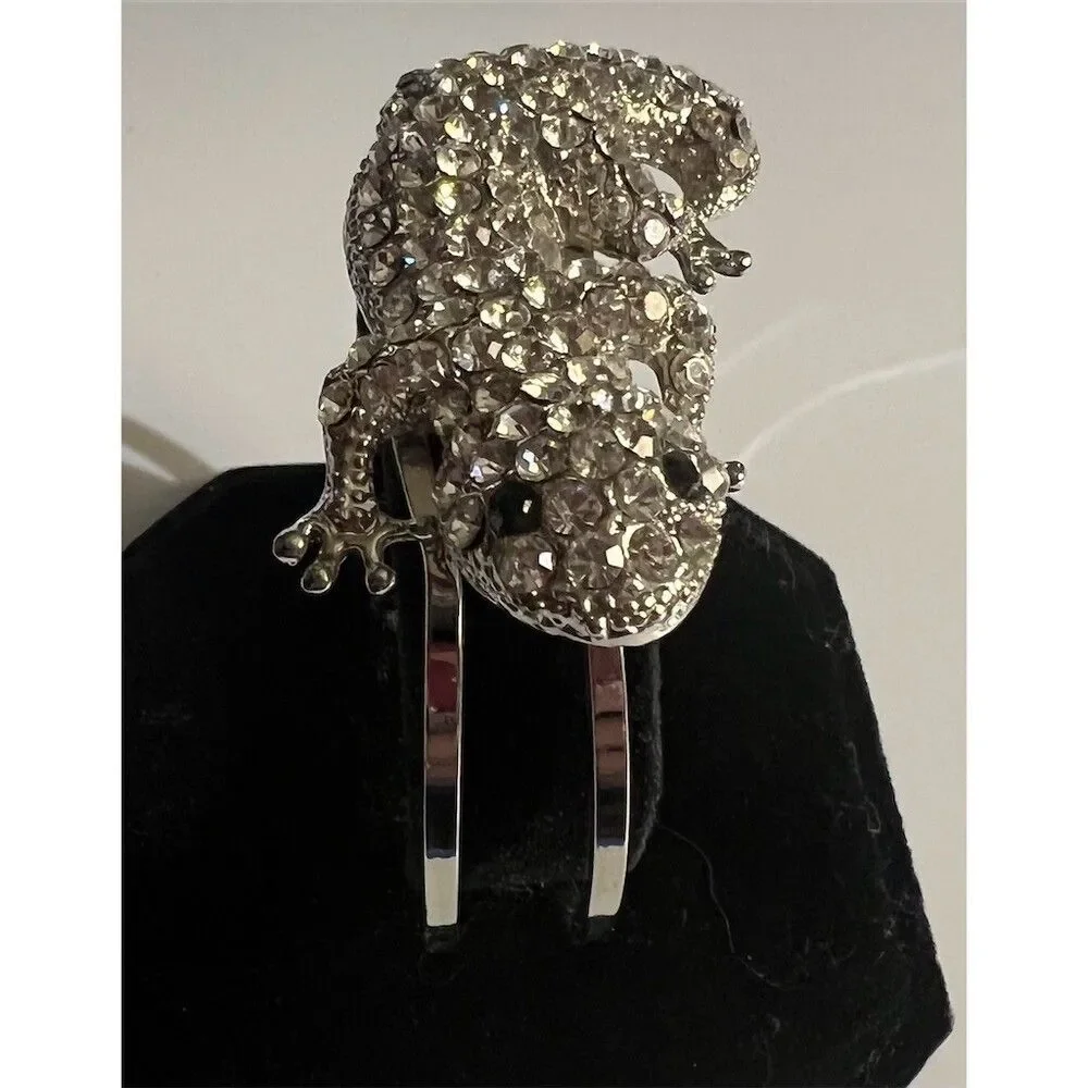 Rhinestone Gecko Lizard Hinged Cuff Bracelet Silver Tone Clear Crystal